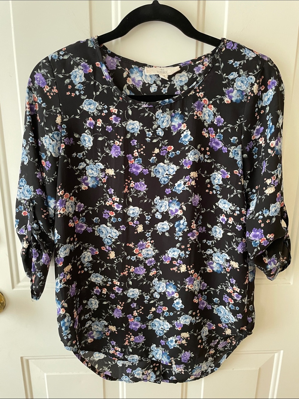 Floral Print Black Women's Blouse - Blue & Purple Flowers Size XS Boho